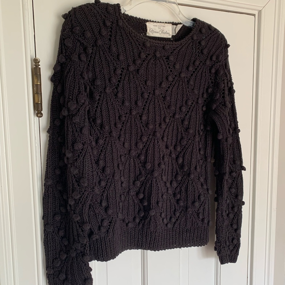 Marisa Christina Black Chunky Pom-Pom Cable Knit Crewneck Sweater